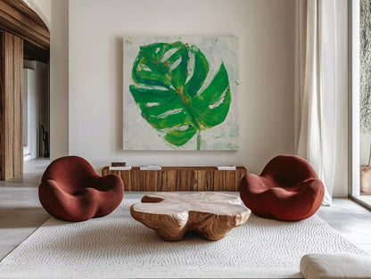 Single Leaf Play II by Kellie Day. Shown as extra-large giant wall art in a modern living room. Available as an archival giclee rolled canvas, fine art paper, or poster print. SKU 28332a.