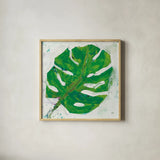 Single Leaf Play on White by Kellie Day. Shown in a natural wood glass frame for a timeless modern aesthetic. Available as an archival giclee rolled canvas, fine art paper, or poster print. SKU 28279a.