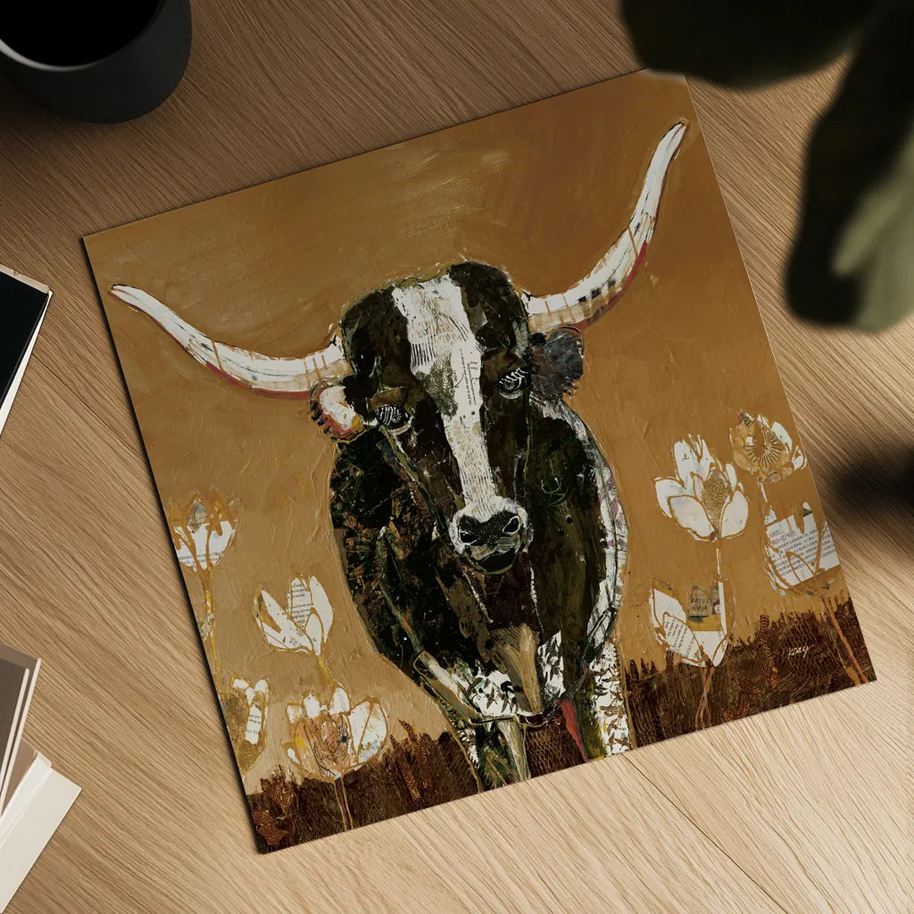 Skyline Longhorn v2 by Kellie Day. Shown as a detailed flat fine art print, highlighting archival giclee quality. Available as an archival giclee rolled canvas, fine art paper, or poster print. SKU 100735a.