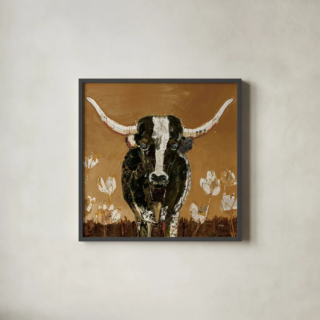 Skyline Longhorn v2 by Kellie Day. Shown in a sleek black glass frame for a contemporary gallery look. Available as an archival giclee rolled canvas, fine art paper, or poster print. SKU 100735a.