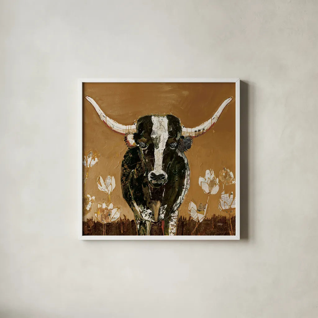 Skyline Longhorn v2 by Kellie Day. Shown in a crisp white glass frame for a clean and minimalist style. Available as an archival giclee rolled canvas, fine art paper, or poster print. SKU 100735a.