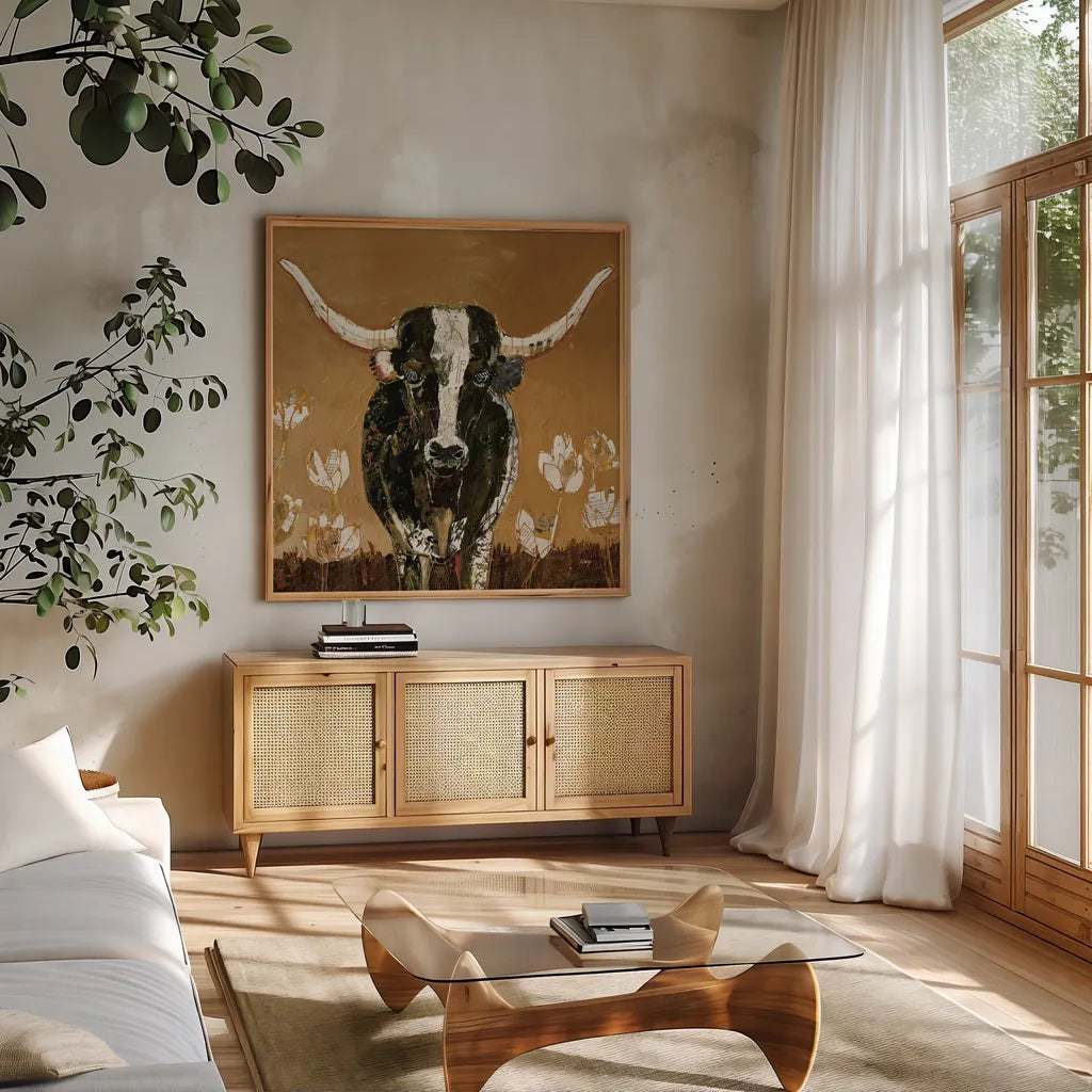 Skyline Longhorn v2 by Kellie Day. Shown in a natural wood frame in a cozy modern living room. Available as an archival giclee rolled canvas, fine art paper, or poster print. SKU 100735a.