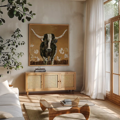 Skyline Longhorn v2 by Kellie Day. Shown in a natural wood frame in a cozy modern living room. Available as an archival giclee rolled canvas, fine art paper, or poster print. SKU 100735a.