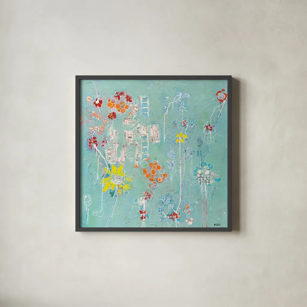 Spanish Homework by Kellie Day. Shown in a sleek black glass frame for a contemporary gallery look. Available as an archival giclee rolled canvas, fine art paper, or poster print. SKU 27202a.