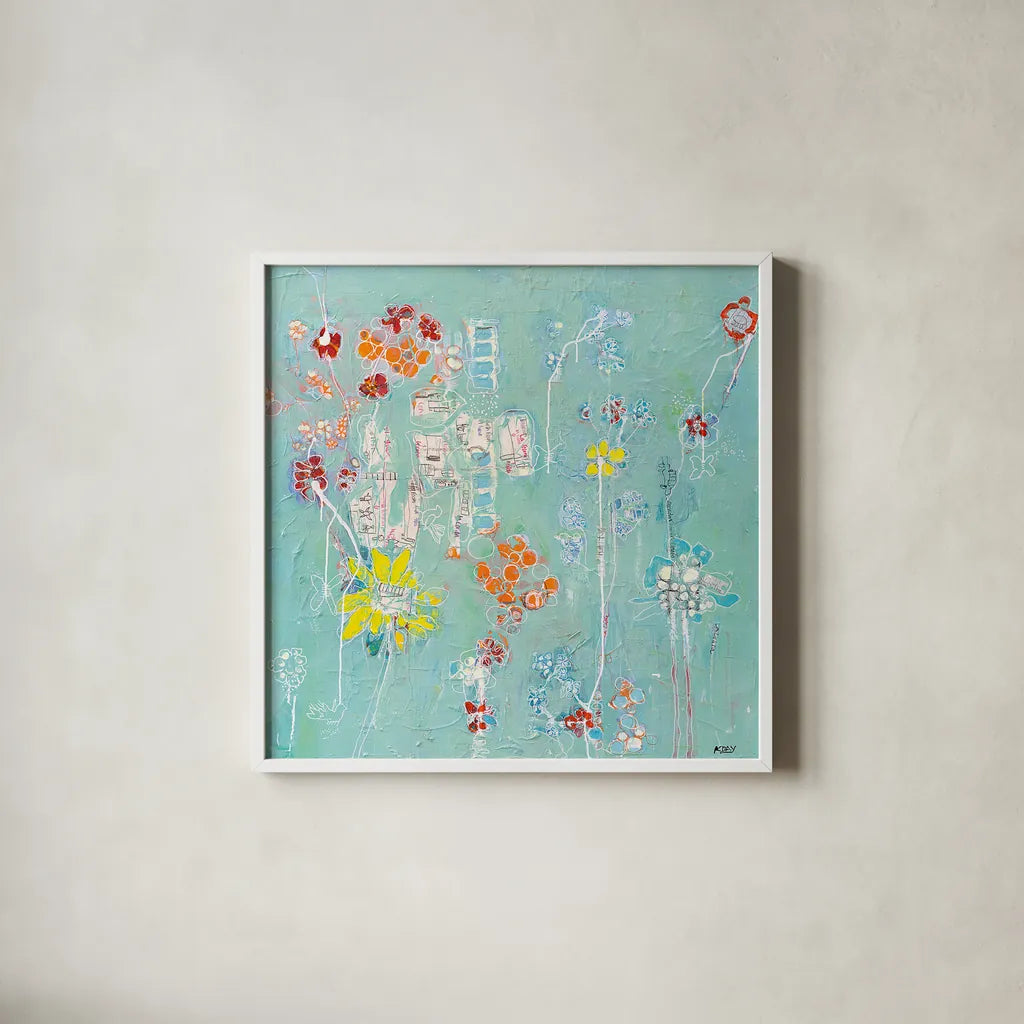 Spanish Homework by Kellie Day. Shown in a crisp white glass frame for a clean and minimalist style. Available as an archival giclee rolled canvas, fine art paper, or poster print. SKU 27202a.