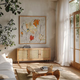The Sanctuary II Warm by Kellie Day. Shown in a natural wood frame in a cozy modern living room. Available as an archival giclee rolled canvas, fine art paper, or poster print. SKU 23693a.