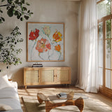 The Sanctuary III by Kellie Day. Shown in a natural wood frame in a cozy modern living room. Available as an archival giclee rolled canvas, fine art paper, or poster print. SKU 23517a.