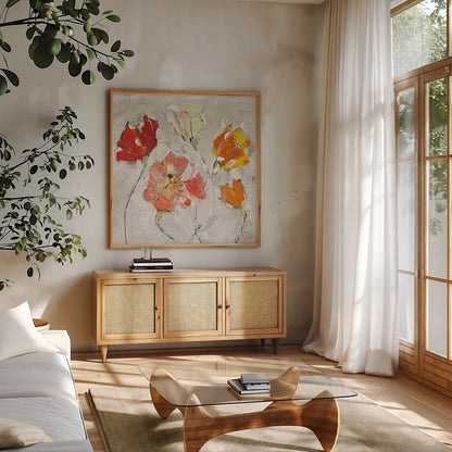 The Sanctuary III Warm by Kellie Day. Shown in a natural wood frame in a cozy modern living room. Available as an archival giclee rolled canvas, fine art paper, or poster print. SKU 23694a.