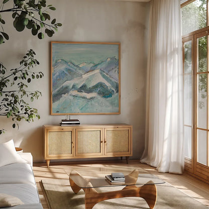The Sun Never Says I by Kellie Day. Shown in a natural wood frame in a cozy modern living room. Available as an archival giclee rolled canvas, fine art paper, or poster print. SKU 22076a.