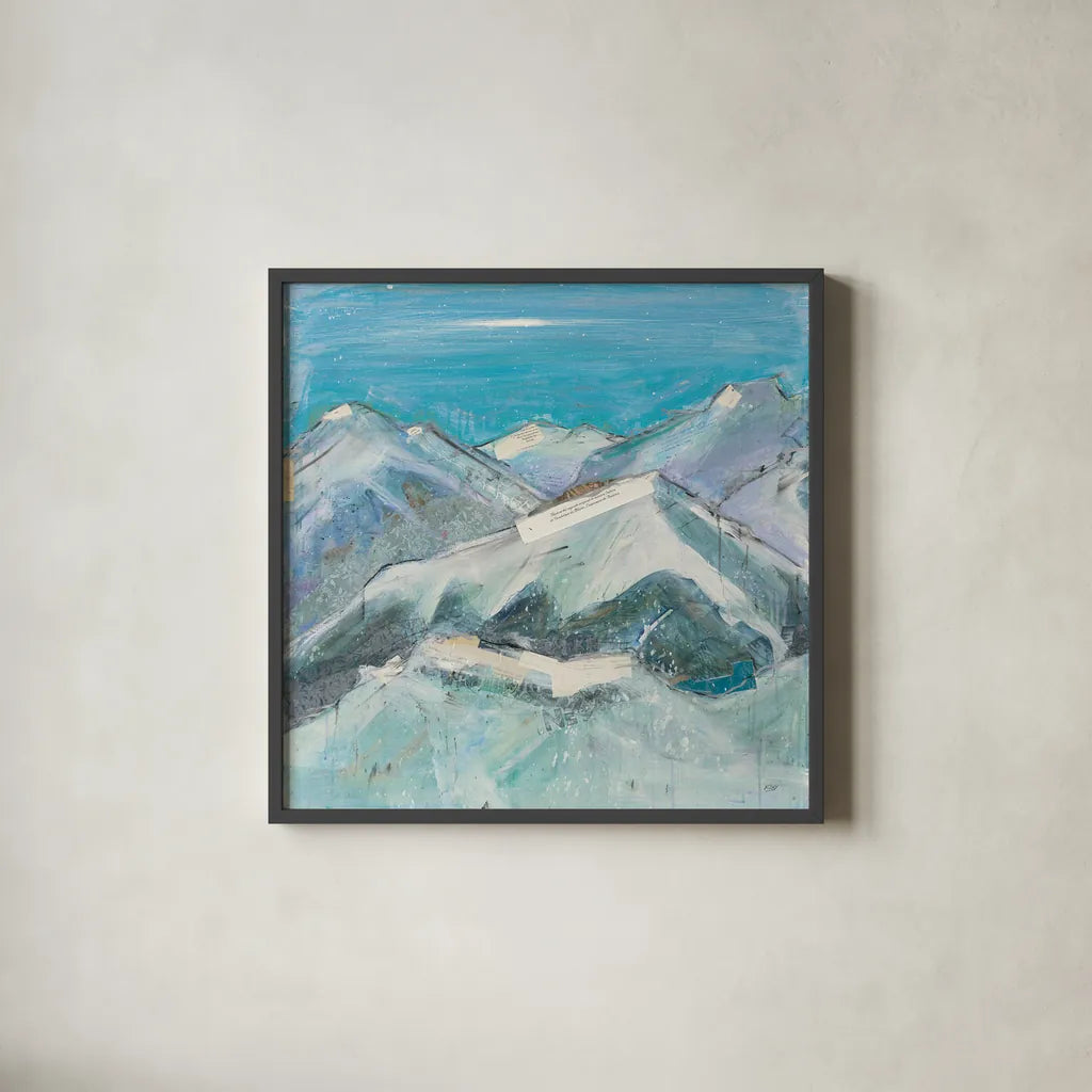 The Sun Never Says I Aqua by Kellie Day. Shown in a sleek black glass frame for a contemporary gallery look. Available as an archival giclee rolled canvas, fine art paper, or poster print. SKU 36069a.