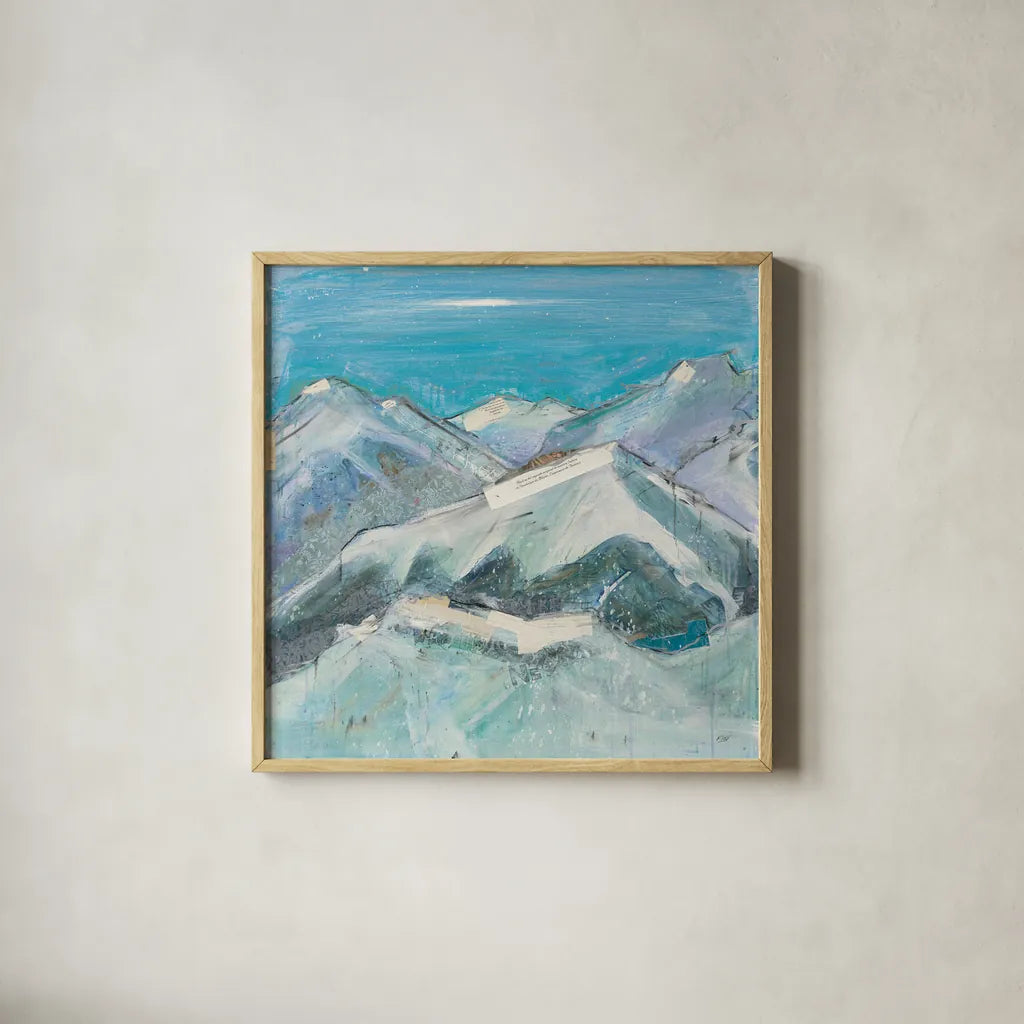 The Sun Never Says I Aqua by Kellie Day. Shown in a natural wood glass frame for a timeless modern aesthetic. Available as an archival giclee rolled canvas, fine art paper, or poster print. SKU 36069a.