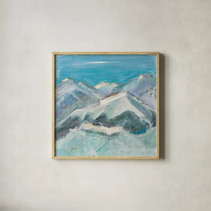 The Sun Never Says I Aqua by Kellie Day. Shown in a natural wood glass frame for a timeless modern aesthetic. Available as an archival giclee rolled canvas, fine art paper, or poster print. SKU 36069a.