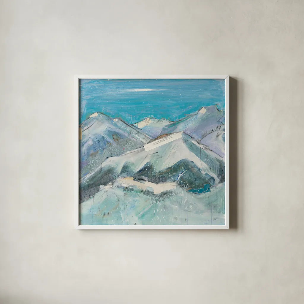 The Sun Never Says I Aqua by Kellie Day. Shown in a crisp white glass frame for a clean and minimalist style. Available as an archival giclee rolled canvas, fine art paper, or poster print. SKU 36069a.