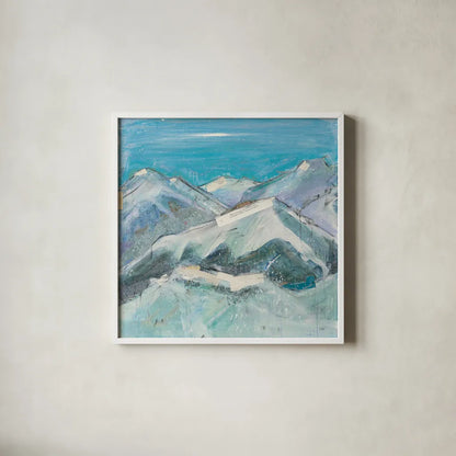 The Sun Never Says I Aqua by Kellie Day. Shown in a crisp white glass frame for a clean and minimalist style. Available as an archival giclee rolled canvas, fine art paper, or poster print. SKU 36069a.