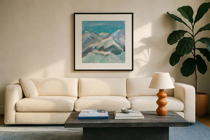 The Sun Never Says I Aqua by Kellie Day. Displayed in a glass frame with matte in a clean modern living room. Available as an archival giclee rolled canvas, fine art paper, or poster print. SKU 36069a.