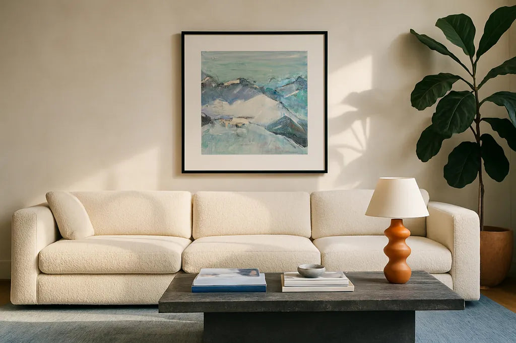 The Sun Never Says II by Kellie Day. Displayed in a glass frame with matte in a clean modern living room. Available as an archival giclee rolled canvas, fine art paper, or poster print. SKU 22077a.