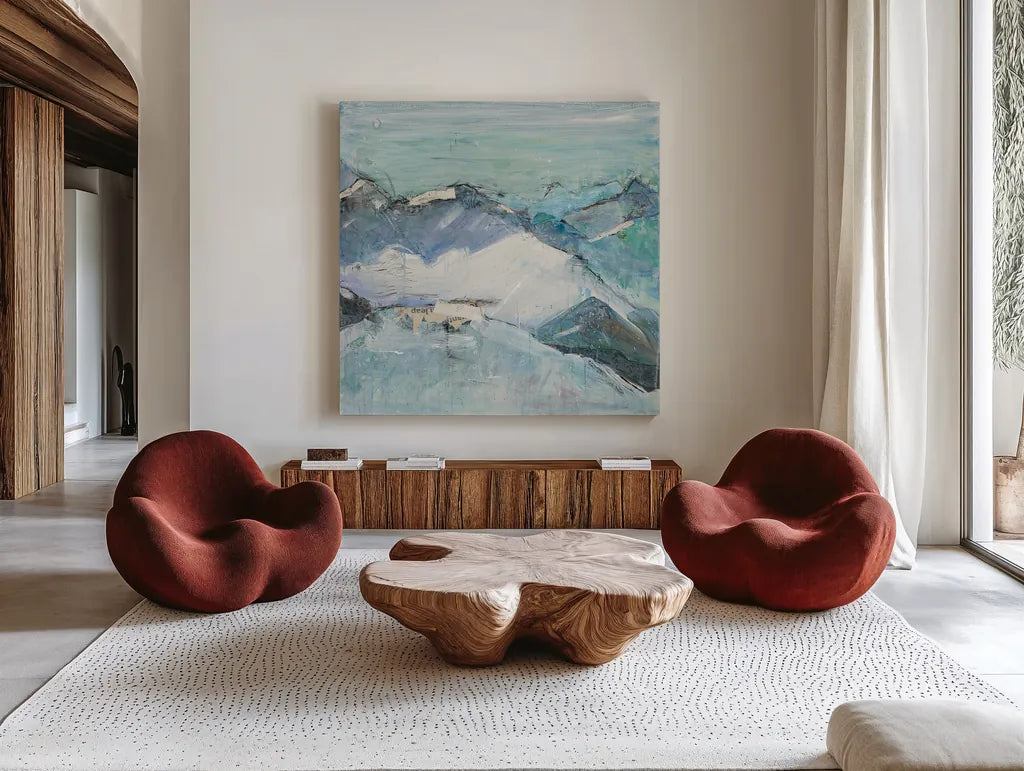 The Sun Never Says II by Kellie Day. Shown as extra-large giant wall art in a modern living room. Available as an archival giclee rolled canvas, fine art paper, or poster print. SKU 22077a.