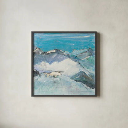 The Sun Never Says II Aqua by Kellie Day. Shown in a sleek black glass frame for a contemporary gallery look. Available as an archival giclee rolled canvas, fine art paper, or poster print. SKU 36070a.