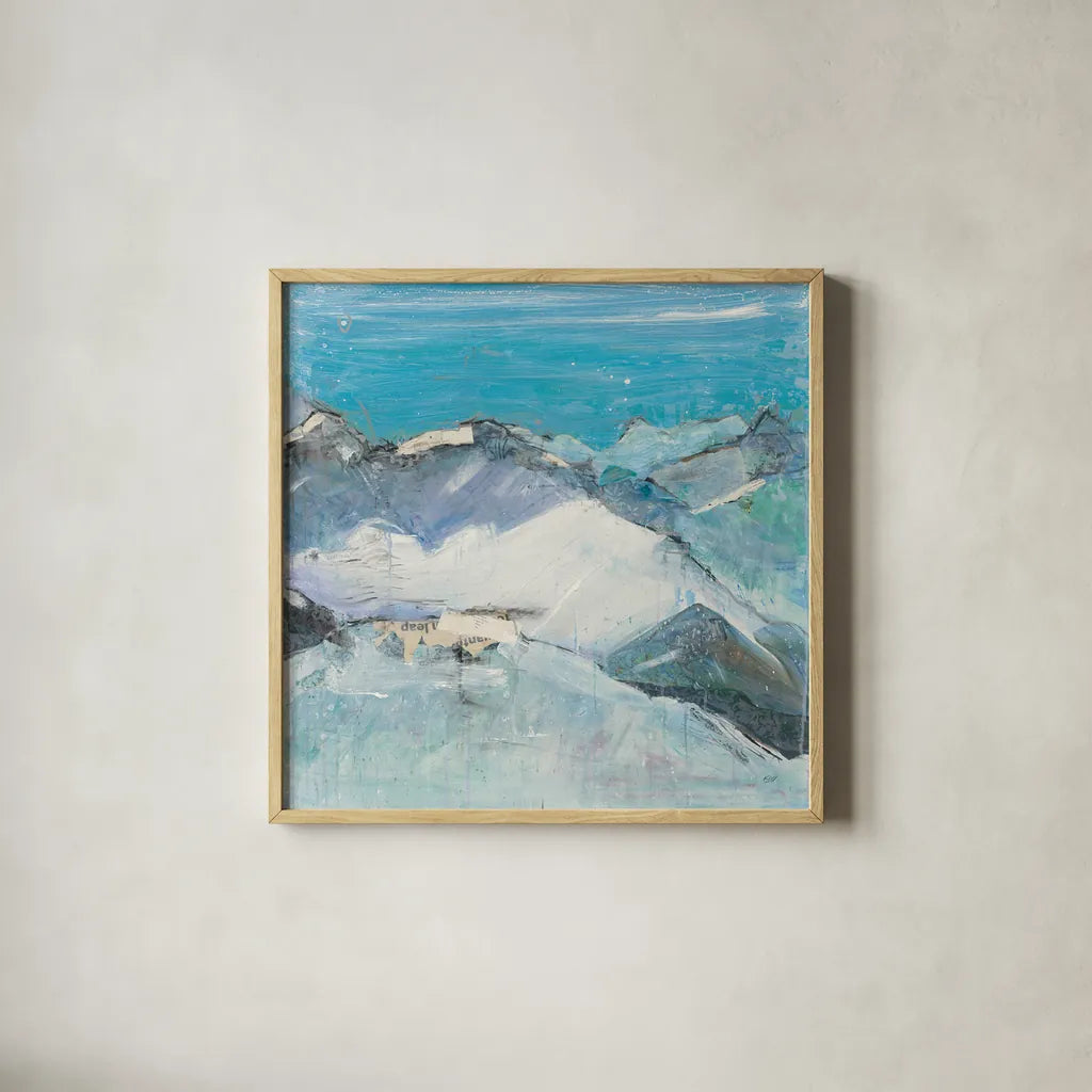 The Sun Never Says II Aqua by Kellie Day. Shown in a natural wood glass frame for a timeless modern aesthetic. Available as an archival giclee rolled canvas, fine art paper, or poster print. SKU 36070a.