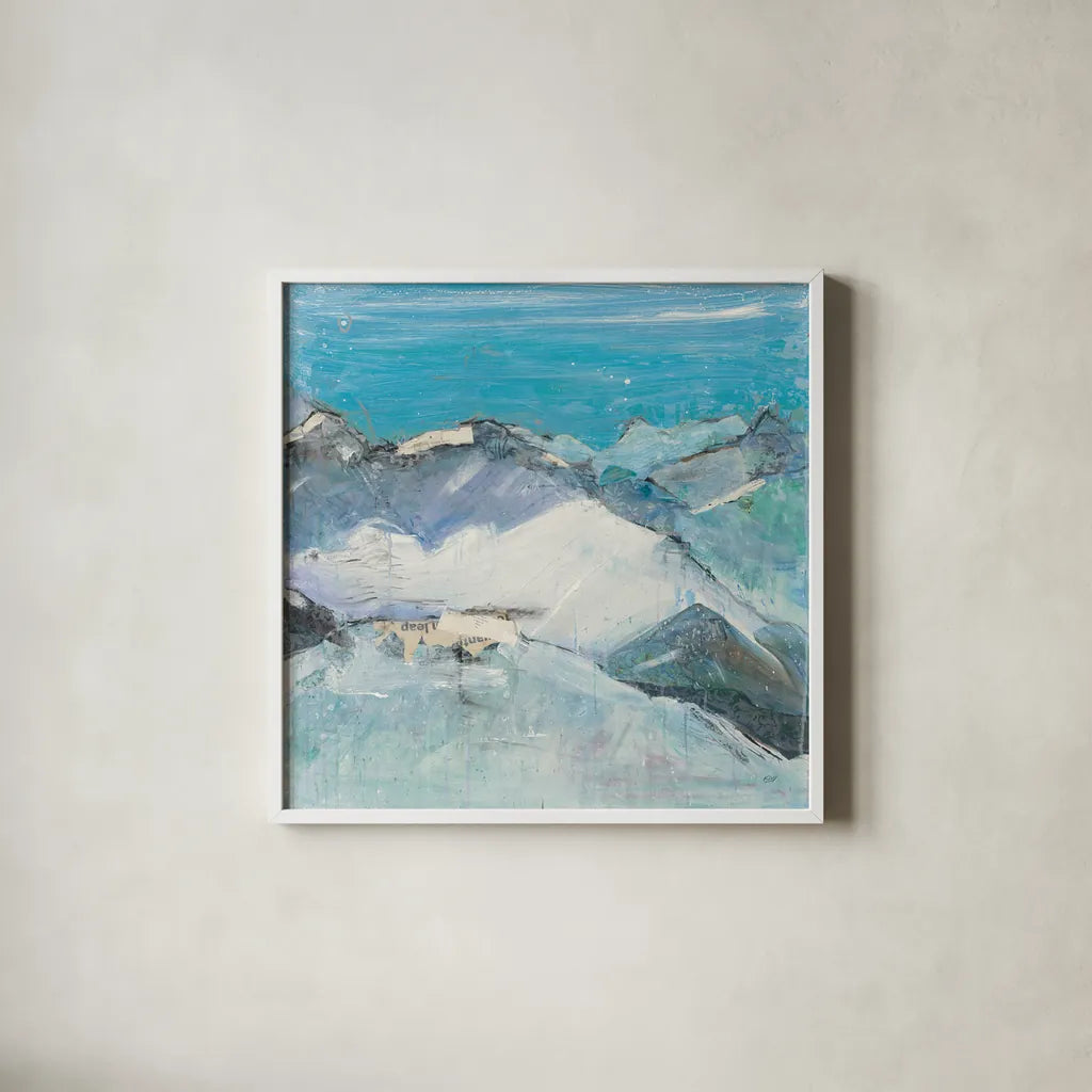 The Sun Never Says II Aqua by Kellie Day. Shown in a crisp white glass frame for a clean and minimalist style. Available as an archival giclee rolled canvas, fine art paper, or poster print. SKU 36070a.