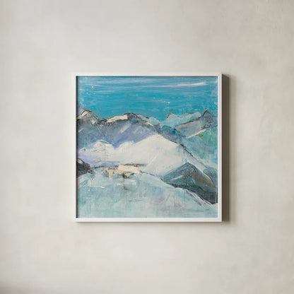 The Sun Never Says II Aqua by Kellie Day. Shown in a crisp white glass frame for a clean and minimalist style. Available as an archival giclee rolled canvas, fine art paper, or poster print. SKU 36070a.