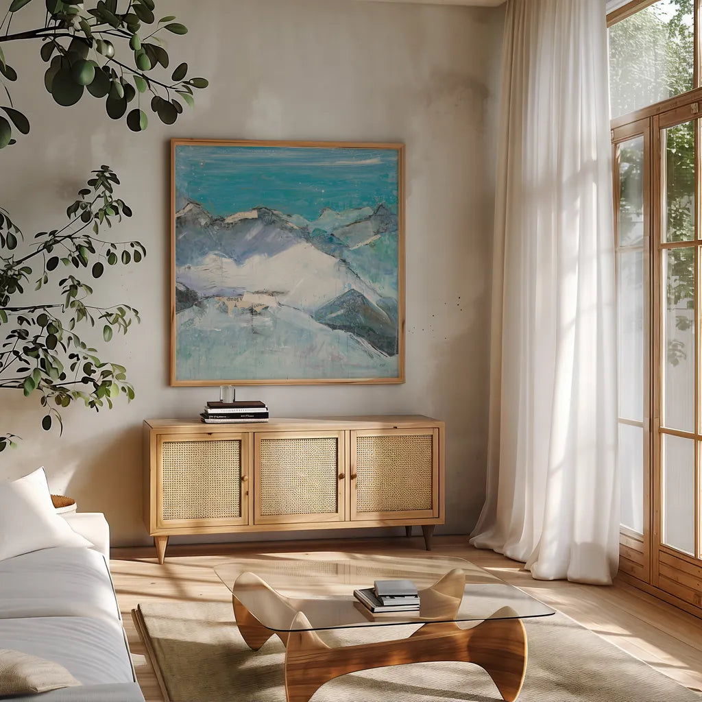 The Sun Never Says II Aqua by Kellie Day. Shown in a natural wood frame in a cozy modern living room. Available as an archival giclee rolled canvas, fine art paper, or poster print. SKU 36070a.