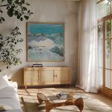 The Sun Never Says II Aqua by Kellie Day. Shown in a natural wood frame in a cozy modern living room. Available as an archival giclee rolled canvas, fine art paper, or poster print. SKU 36070a.