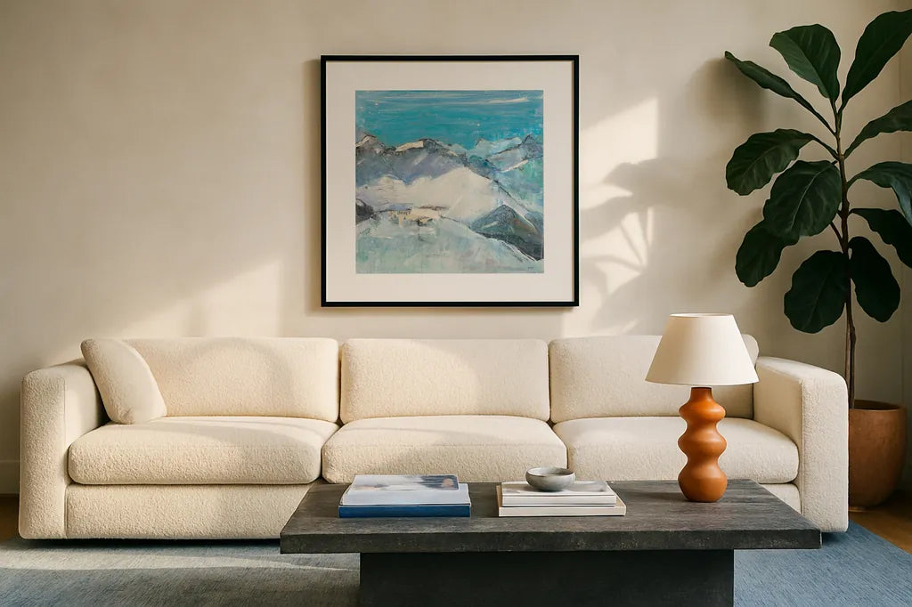 The Sun Never Says II Aqua by Kellie Day. Displayed in a glass frame with matte in a clean modern living room. Available as an archival giclee rolled canvas, fine art paper, or poster print. SKU 36070a.