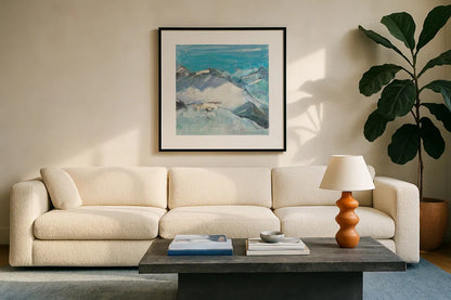 The Sun Never Says II Aqua by Kellie Day. Displayed in a glass frame with matte in a clean modern living room. Available as an archival giclee rolled canvas, fine art paper, or poster print. SKU 36070a.