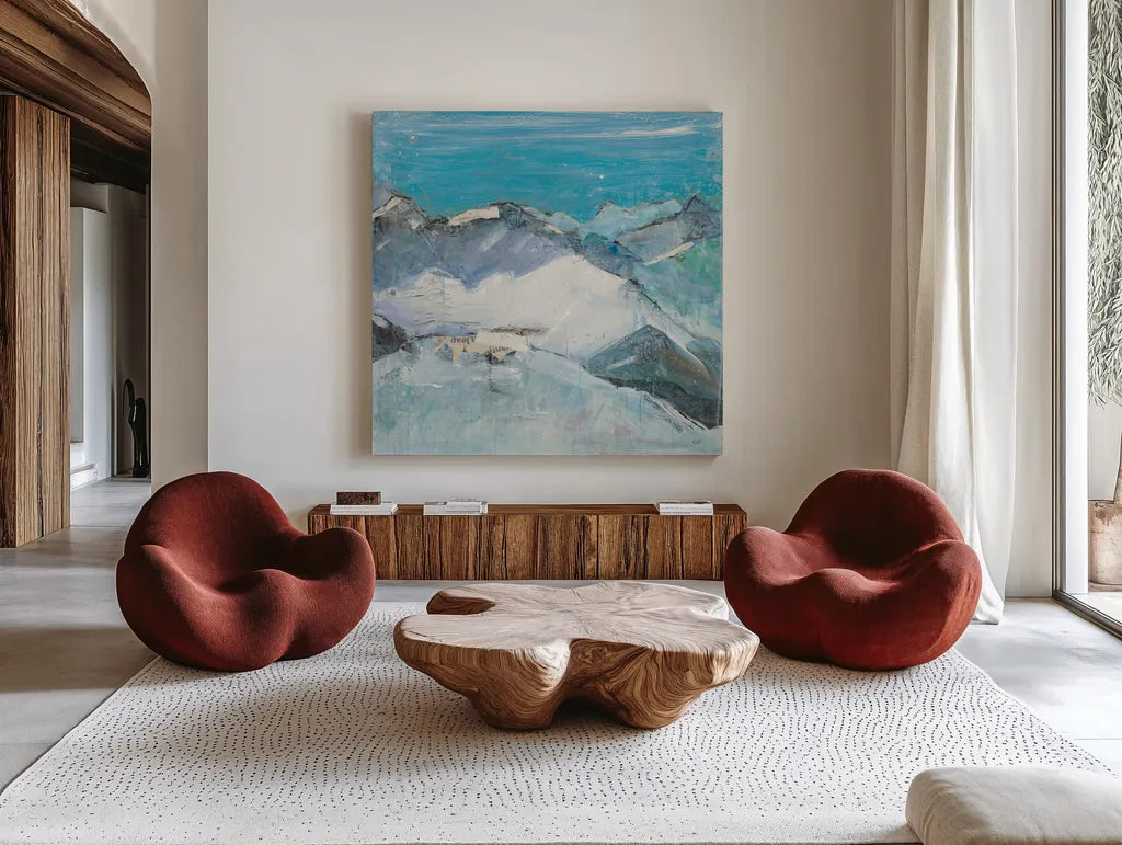 The Sun Never Says II Aqua by Kellie Day. Shown as extra-large giant wall art in a modern living room. Available as an archival giclee rolled canvas, fine art paper, or poster print. SKU 36070a.
