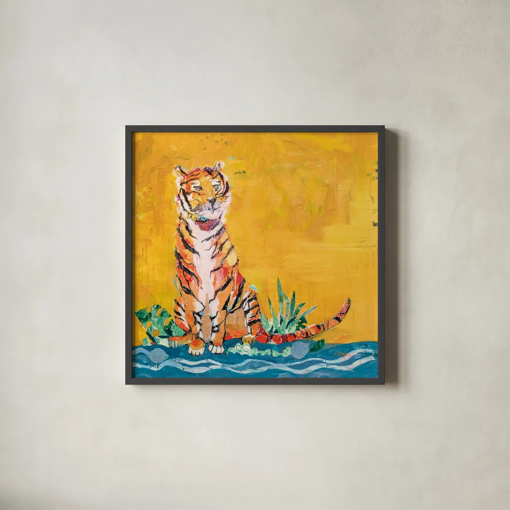 Tiger by Kellie Day. Shown in a sleek black glass frame for a contemporary gallery look. Available as an archival giclee rolled canvas, fine art paper, or poster print. SKU 71525a.