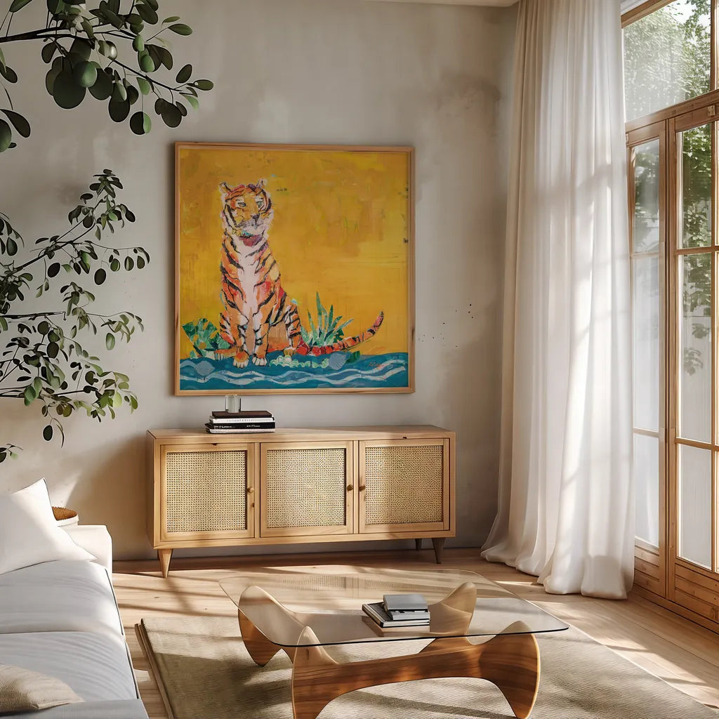 Tiger by Kellie Day. Shown in a natural wood frame in a cozy modern living room. Available as an archival giclee rolled canvas, fine art paper, or poster print. SKU 71525a.
