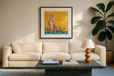 Tiger by Kellie Day. Displayed in a glass frame with matte in a clean modern living room. Available as an archival giclee rolled canvas, fine art paper, or poster print. SKU 71525a.