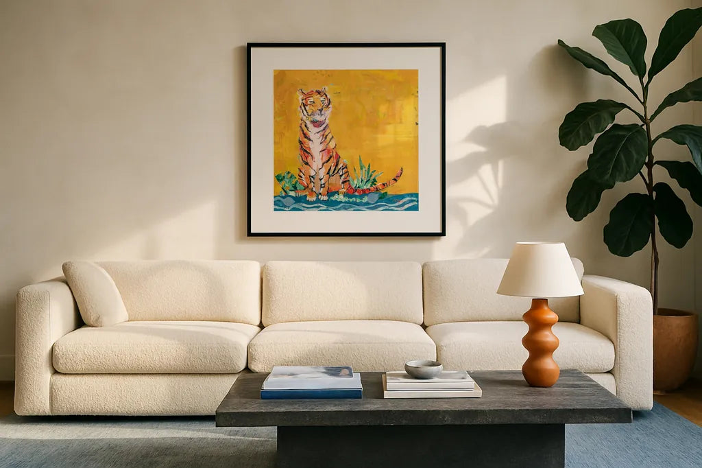 Tiger by Kellie Day. Displayed in a glass frame with matte in a clean modern living room. Available as an archival giclee rolled canvas, fine art paper, or poster print. SKU 71525a.
