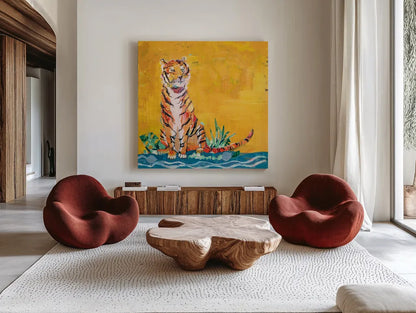 Tiger by Kellie Day. Shown as extra-large giant wall art in a modern living room. Available as an archival giclee rolled canvas, fine art paper, or poster print. SKU 71525a.