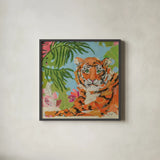 Tiger at Rest Crop by Kellie Day. Shown in a sleek black glass frame for a contemporary gallery look. Available as an archival giclee rolled canvas, fine art paper, or poster print. SKU 72832a.