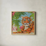 Tiger at Rest Crop by Kellie Day. Shown in a natural wood glass frame for a timeless modern aesthetic. Available as an archival giclee rolled canvas, fine art paper, or poster print. SKU 72832a.