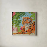 Tiger at Rest Crop by Kellie Day. Shown in a crisp white glass frame for a clean and minimalist style. Available as an archival giclee rolled canvas, fine art paper, or poster print. SKU 72832a.