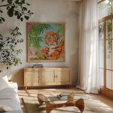 Tiger at Rest Crop by Kellie Day. Shown in a natural wood frame in a cozy modern living room. Available as an archival giclee rolled canvas, fine art paper, or poster print. SKU 72832a.