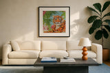 Tiger at Rest Crop by Kellie Day. Displayed in a glass frame with matte in a clean modern living room. Available as an archival giclee rolled canvas, fine art paper, or poster print. SKU 72832a.