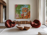 Tiger at Rest Crop by Kellie Day. Shown as extra-large giant wall art in a modern living room. Available as an archival giclee rolled canvas, fine art paper, or poster print. SKU 72832a.