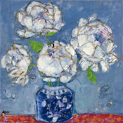 Vase of Peonies by Kellie Day. SKU 23383a. Archival Giclee Fine art print for wall decor.
