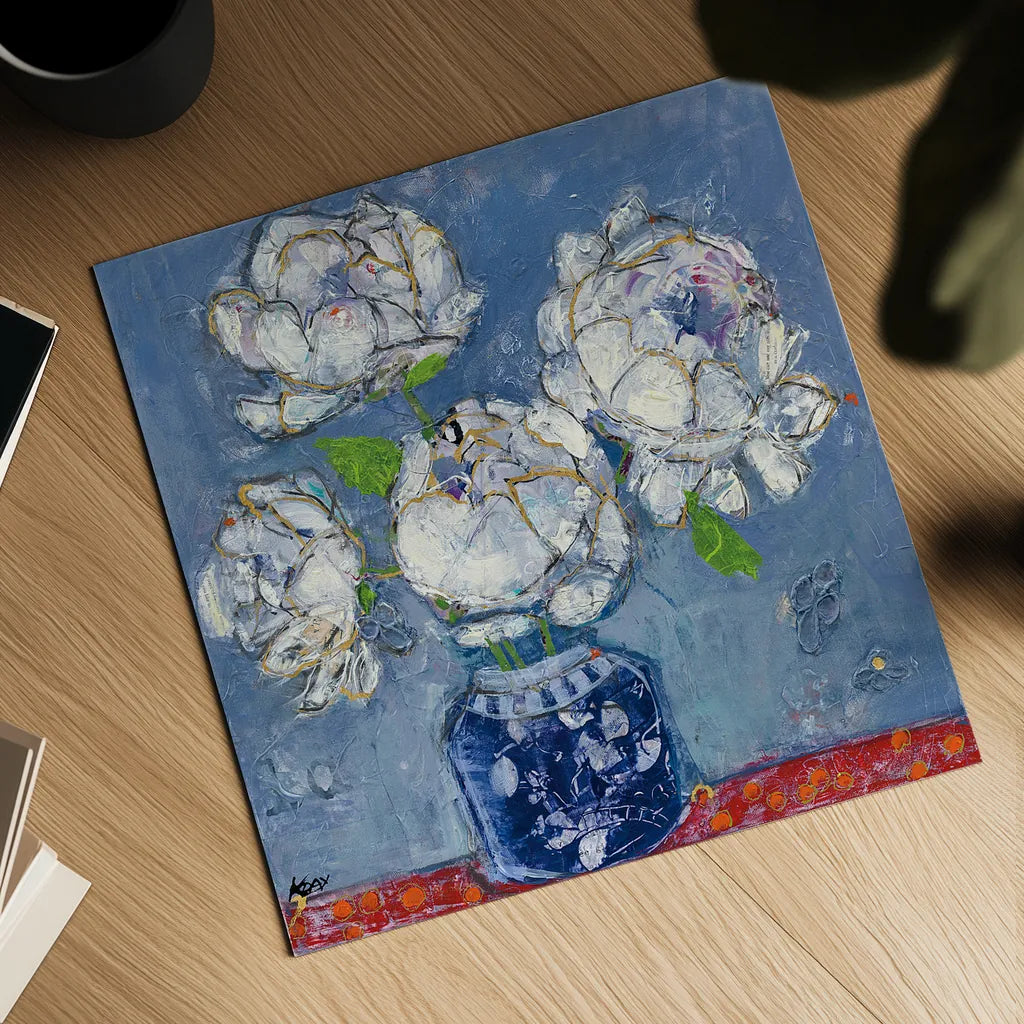 Vase of Peonies by Kellie Day. Shown as a detailed flat fine art print, highlighting archival giclee quality. Available as an archival giclee rolled canvas, fine art paper, or poster print. SKU 23383a.