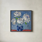 Vase of Peonies by Kellie Day. Shown in a sleek black glass frame for a contemporary gallery look. Available as an archival giclee rolled canvas, fine art paper, or poster print. SKU 23383a.