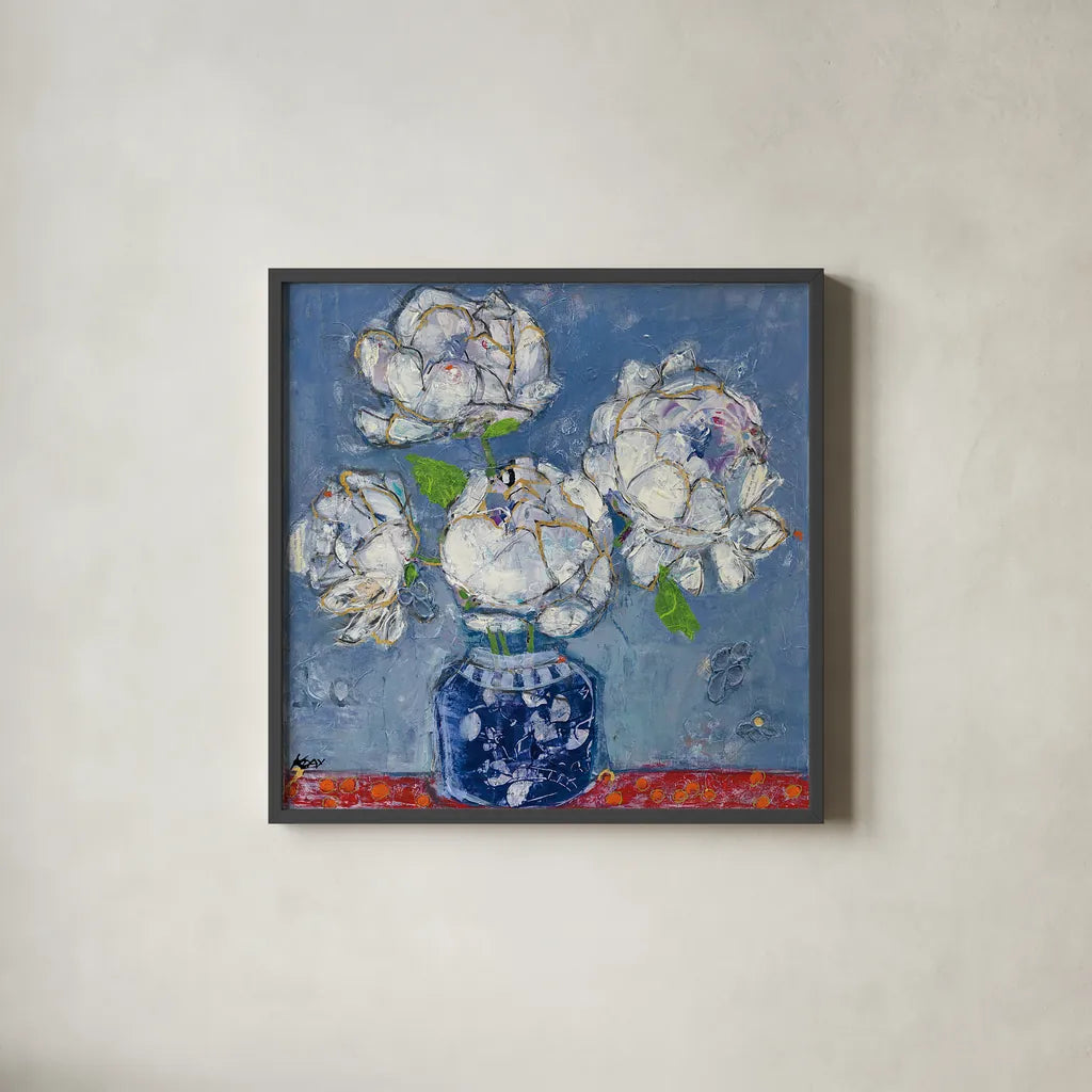 Vase of Peonies by Kellie Day. Shown in a sleek black glass frame for a contemporary gallery look. Available as an archival giclee rolled canvas, fine art paper, or poster print. SKU 23383a.