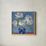 Vase of Peonies by Kellie Day. Shown in a natural wood glass frame for a timeless modern aesthetic. Available as an archival giclee rolled canvas, fine art paper, or poster print. SKU 23383a.