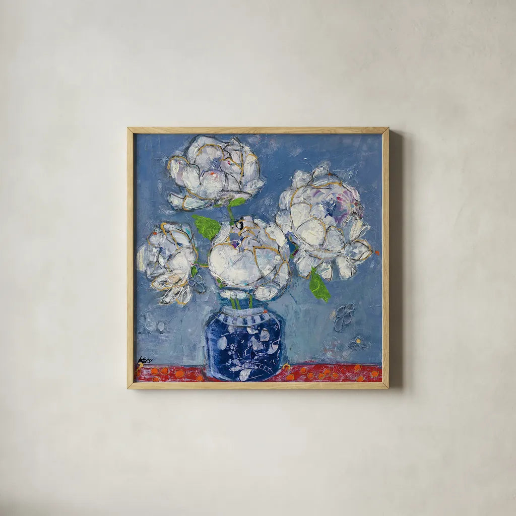 Vase of Peonies by Kellie Day. Shown in a natural wood glass frame for a timeless modern aesthetic. Available as an archival giclee rolled canvas, fine art paper, or poster print. SKU 23383a.