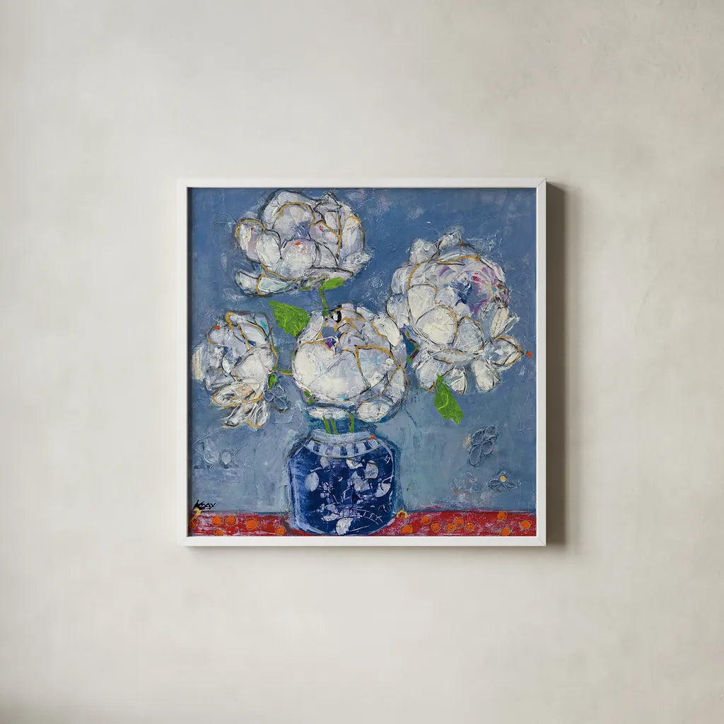 Vase of Peonies by Kellie Day. Shown in a crisp white glass frame for a clean and minimalist style. Available as an archival giclee rolled canvas, fine art paper, or poster print. SKU 23383a.