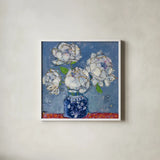 Vase of Peonies by Kellie Day. Shown in a crisp white glass frame for a clean and minimalist style. Available as an archival giclee rolled canvas, fine art paper, or poster print. SKU 23383a.