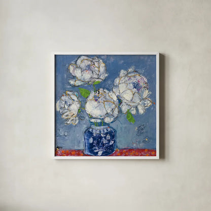 Vase of Peonies by Kellie Day. Shown in a crisp white glass frame for a clean and minimalist style. Available as an archival giclee rolled canvas, fine art paper, or poster print. SKU 23383a.